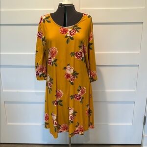 Justify Yellow Gold Floral A-Line Knit Dress with 3/4 Sleeves